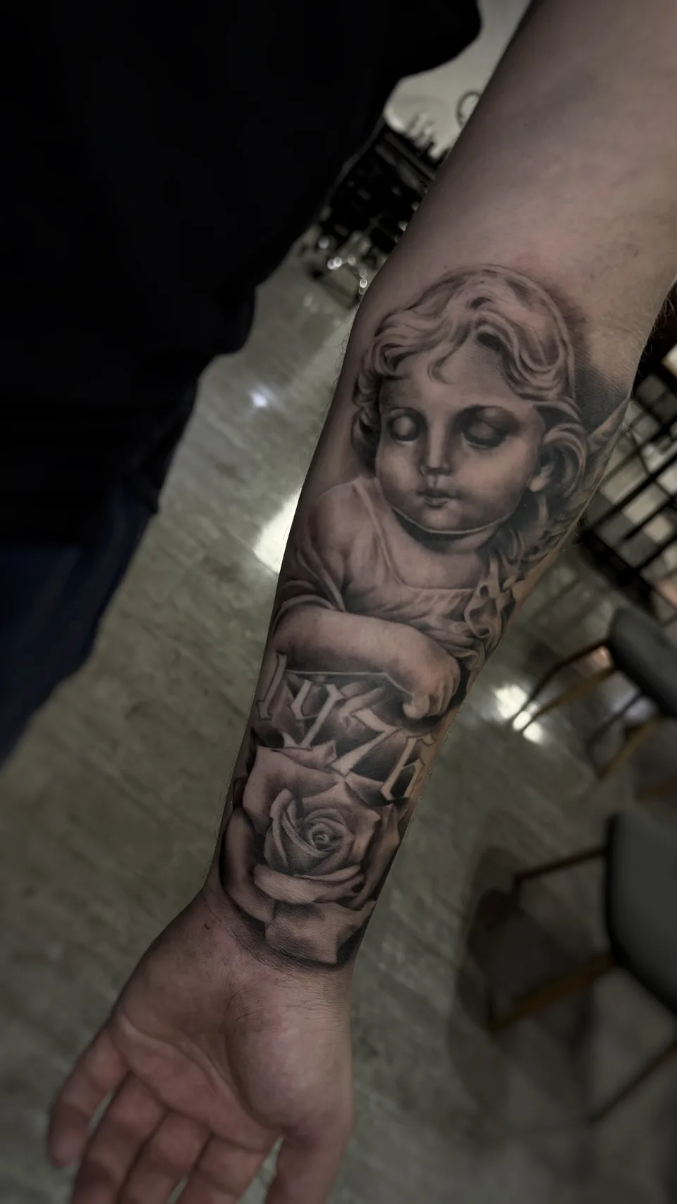 Black and Grey Engel Tattoo
